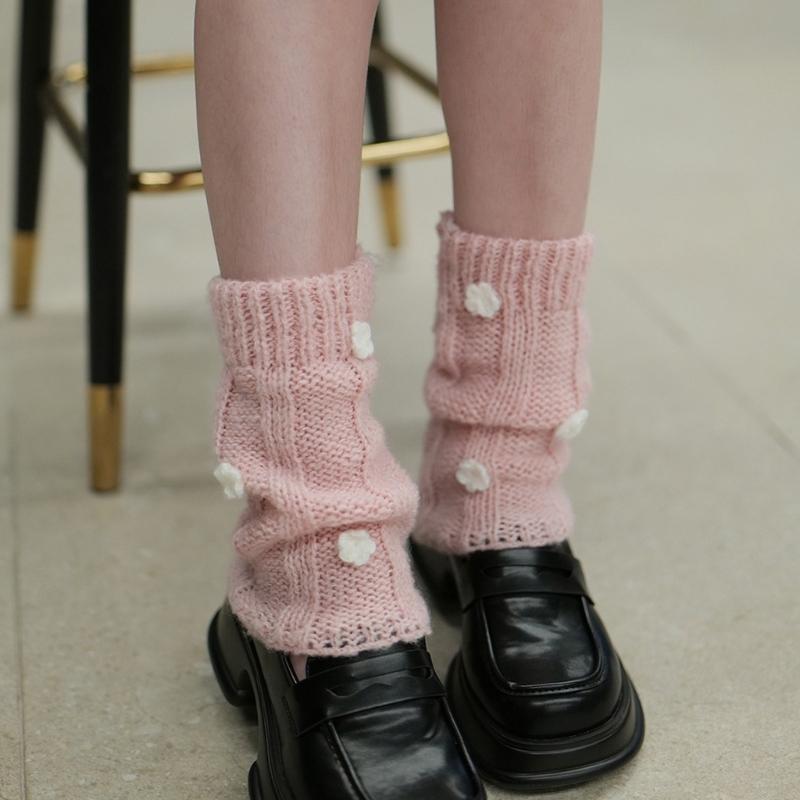 Damen Japanischer Stil JK Häkelstrick Kurze Beinwärmer Socken Einfarbige Süße 3D Florale Lockere Beinabdeckungen Stiefelmanschetten