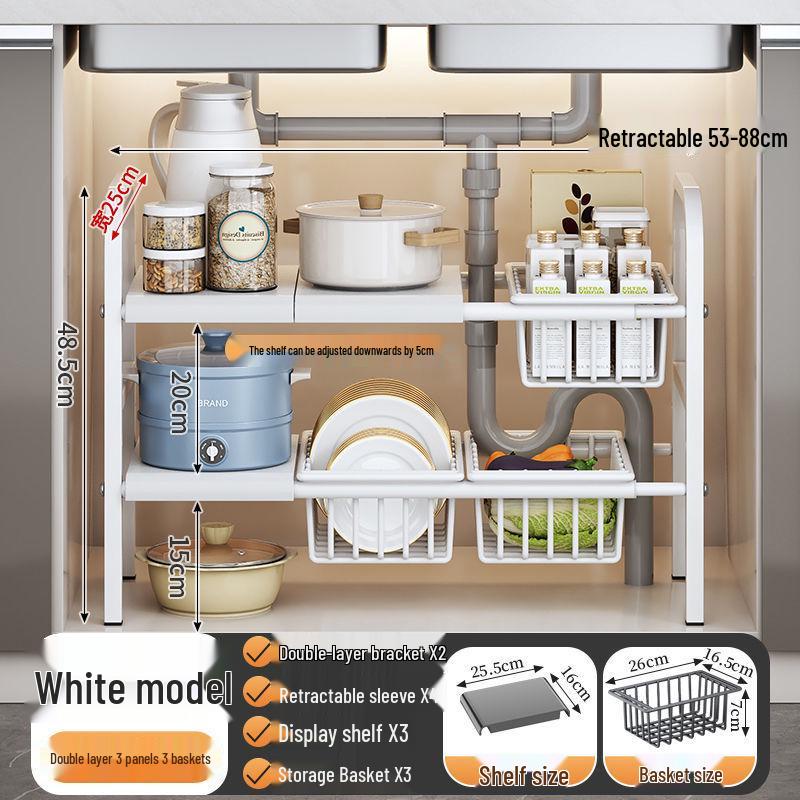 Retractable Under Sink Kitchen Organizer and Multifunctional Dish & Pot Rack