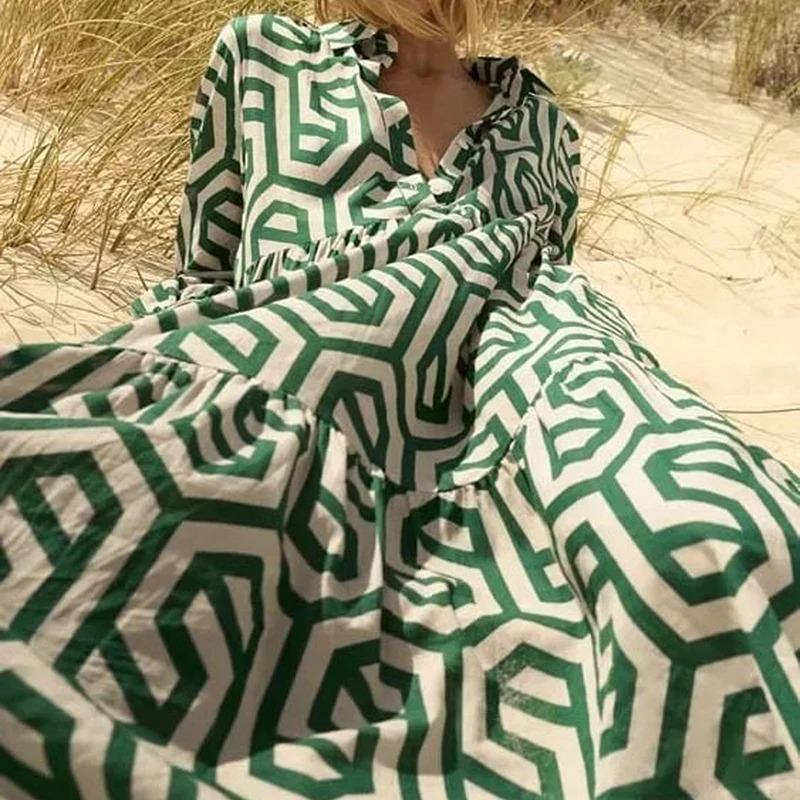 Geometrie Druck Midi Übergröße Lose Frauen Kleider Langarm Sommer Strand Dame Robe