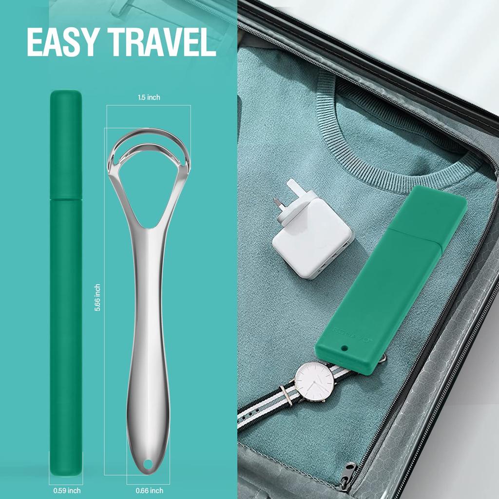 RONAVO New Upgraded Metal Tongue Scraper with Dual Scraping Heads - Helps Eliminate Bad Breath and Improve Oral Hygiene