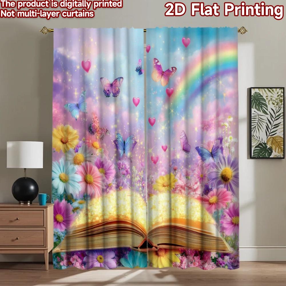 2D flat printing 2pcs Window Drapes Butterfly Rainbow Dream Book Digital Printed Polyester Drapes Family Party for Holiday