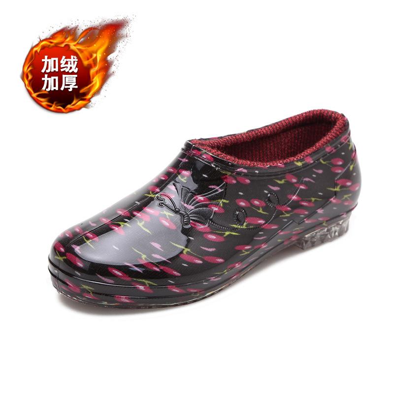 Fashion cotton rain shoes female adult low-top non-slip velvet warm kitchen water shoes women's work rubber shoes overshoes winter