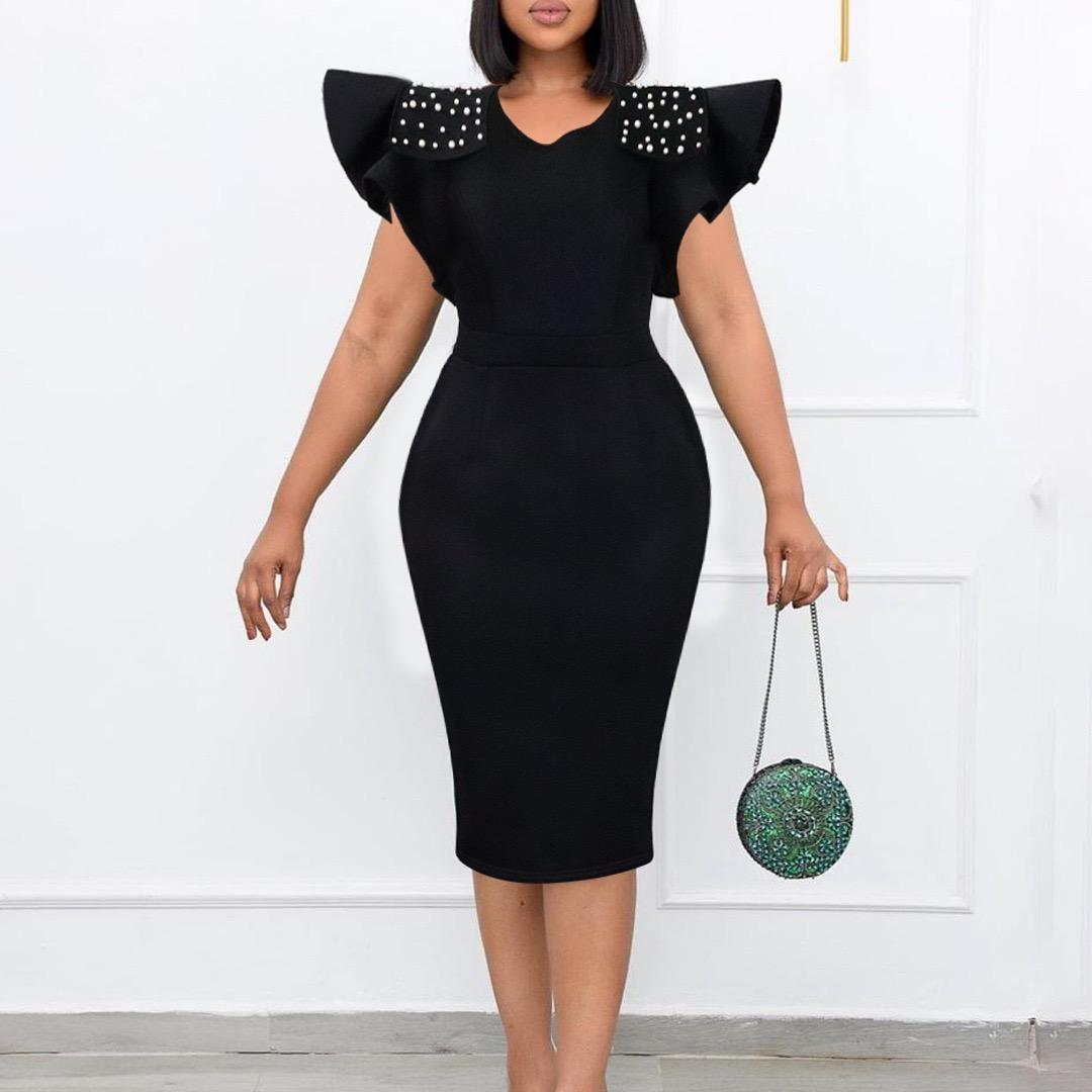 

Ruffles Sleeve Solid Beaded Dresses Women 2026 New O Neck Package Hips Mid Calf Elegant Birthday Party Dinner Vestidos Mujer S чёрный