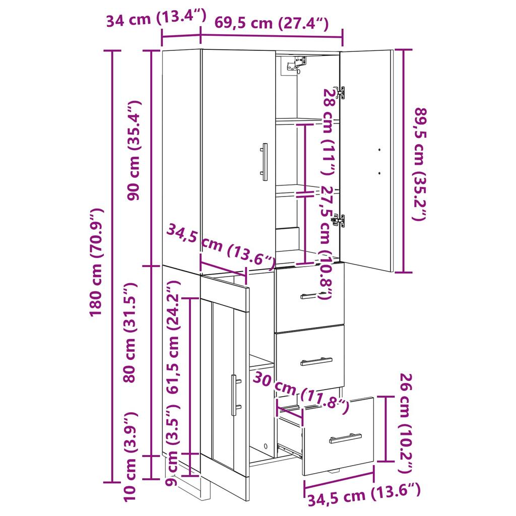 Highboard Set of 2 Black Oak Effect 69.5 x 34 x 180 cm