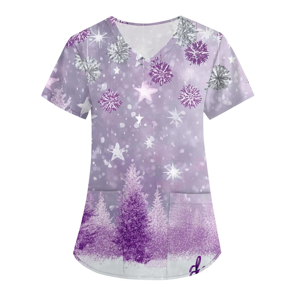 Women's Fashion V-Neck Short Sleeve Overalls With Pockets Christmas Printed Tops  Clothes