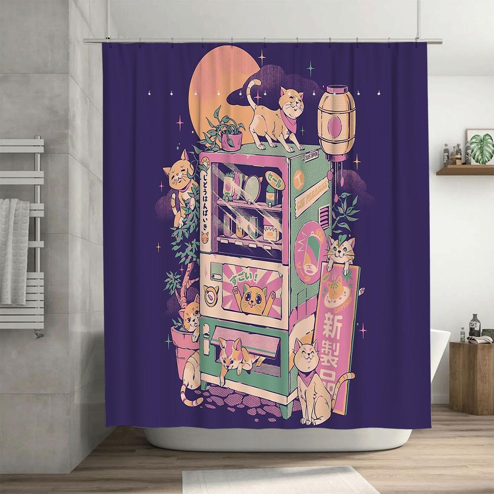 Japanese Cat Ramen Shop Anime Shower Curtain Waterproof Bathroom Decor Japanese Style Cute Kawaii Room Divider Backdrop