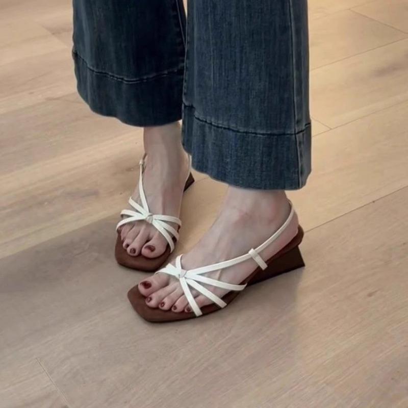 Fashion Temperament Slim Strap Wedge Sandals Women's Fashion Square Toe with Skirt Peep Toe High Heel Roman Sandals