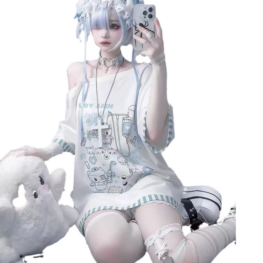 Y2K Millennial Einseitiges Hellblaues Bedrucktes T-Shirt mit Kätzchenstreifen - Damen Lockeres Oberteil