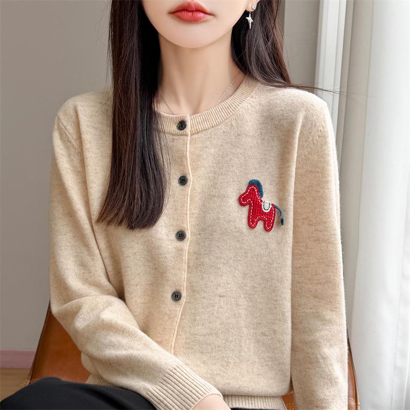 Damen Rundhals Langarm Pony Design Strick Cardigan Pullover Oberbekleidung