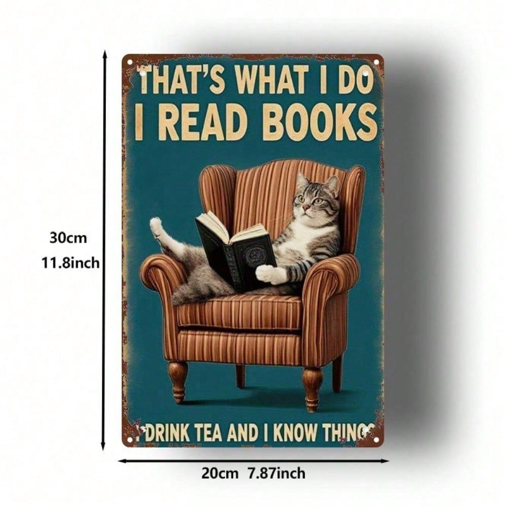 Vintage Cat Reading Tea Metal Sign 8x12 – Cartoon Wall Art for Home, Kitchen, Café, Bar & Garage