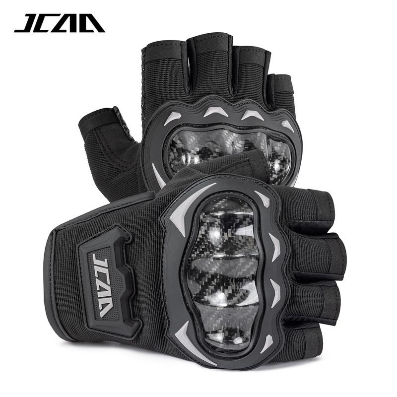 JCAA Black Summer Half Finger Motorcycle Gloves with Carbon Fiber Knuckle Protection - Breathable & Durable Motorbike Gloves Men