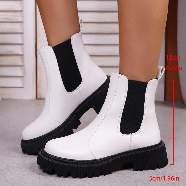 Women Medium Size Round Toe Block Heel Leather Boots Autumn New Solid Color British Style