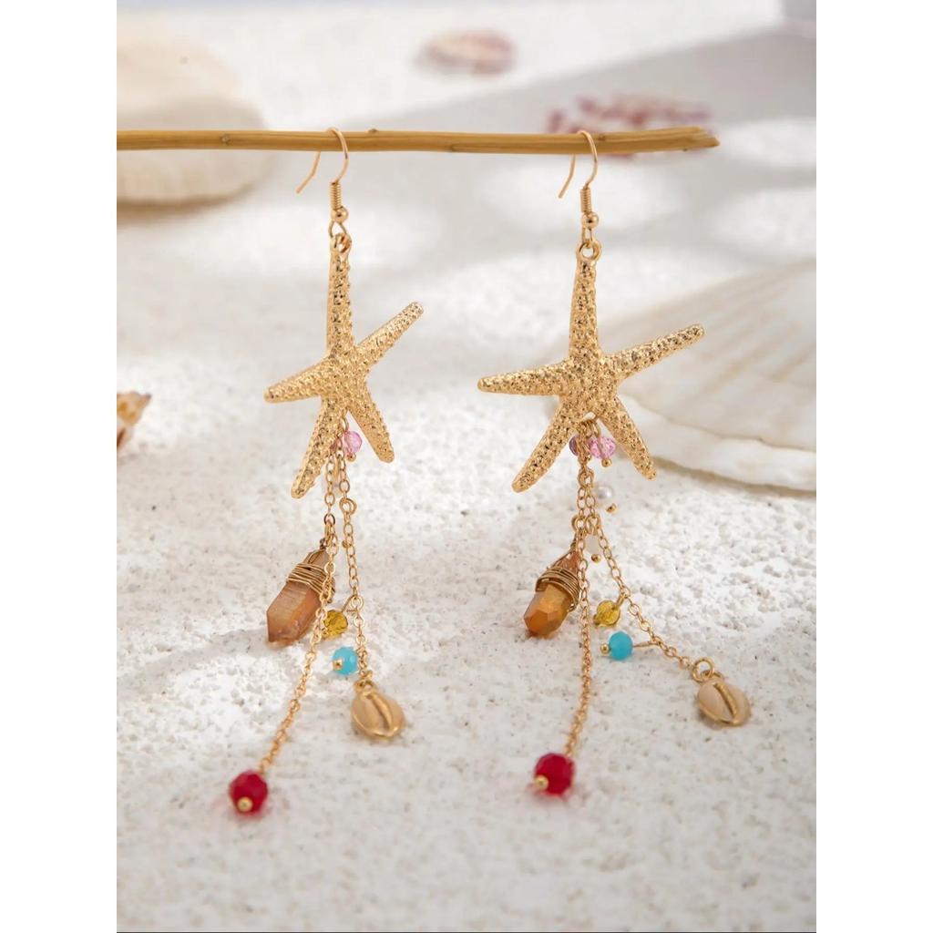 Women's Bohemian-style Alloy Statement Earring Set with a Nautical Starfish and Seashell Design, Perfect for Everyday Wear