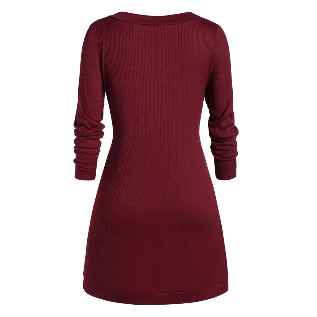 Plus Size Women  Long Sleeve Solid Botton Pachwork Asymmetric Tops Sweater