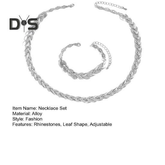 2 Adet/Set Kadın Takı Seti Yaprak Şekli Zirkon Kakmalı Ayarlanabilir Uzunluk Kolye Bileklik Seti Parti Düğün Dekoru
