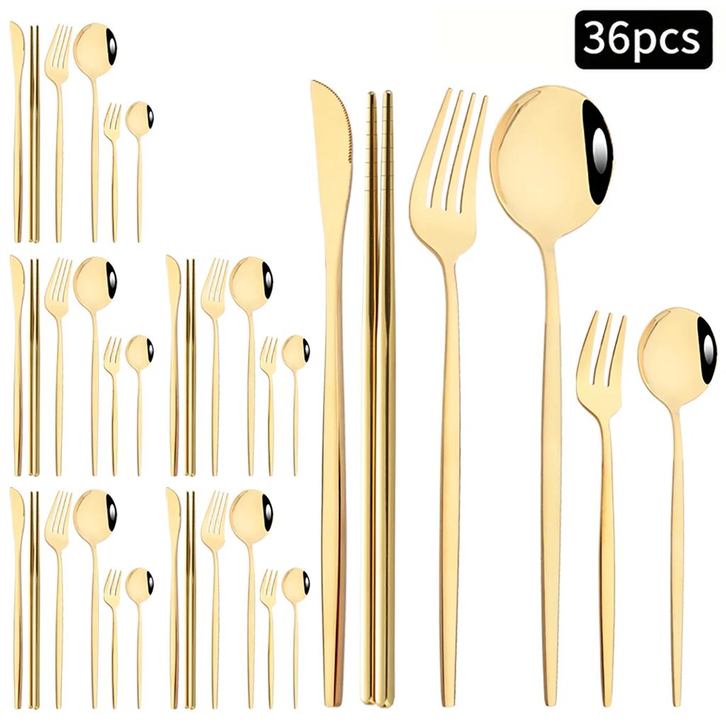 36 ks Černozlatá sada příborů Nůž Vidlička Lžíce Hůlky Sada nádobí Nerezové ocelové dortové vidličky Čajové lžičky Stolní nádobí Příbory