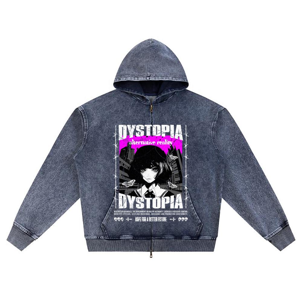 

DTG print Knitted Denim Zip-Up Hoodie Dystopia Streetwear Brother Print Zipper Hoodies XL темно-синий