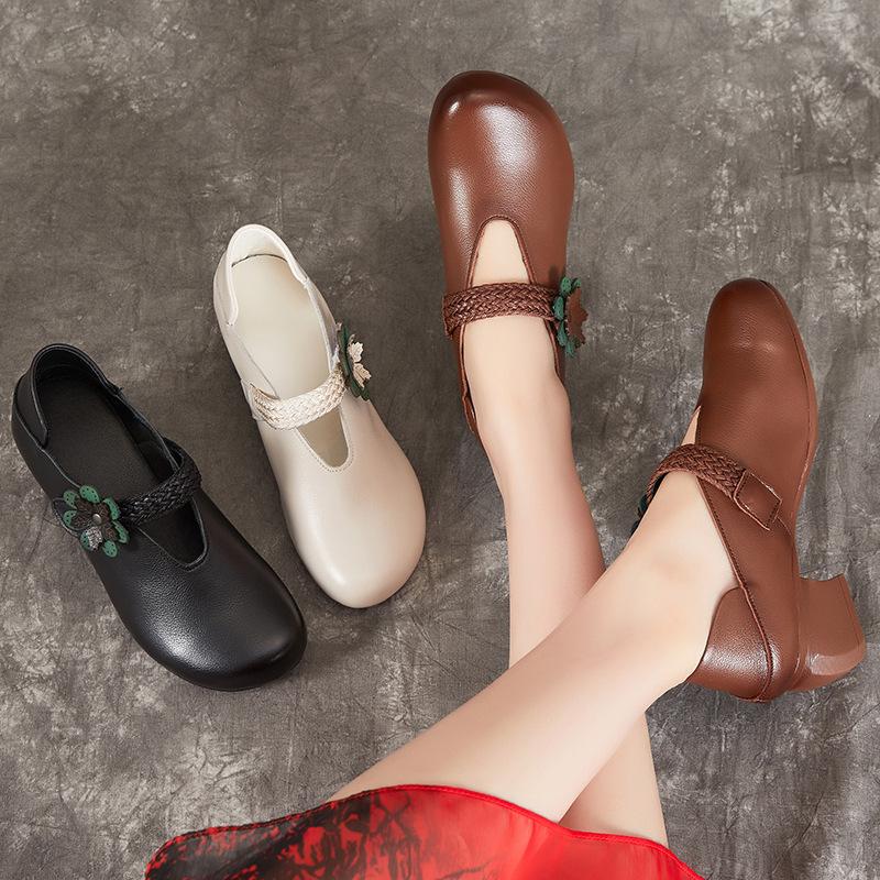 Women's Shoes Head Layer Cowhide Leather Shoes Ethnic Style Thick Heel Soft Bottom Single Shoes