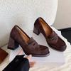 Super Soft Leather French Retro Round Head Thick Heel Loafers Women's British Style One-pedal Small Leather Shoes Women's High Heel Single Shoes