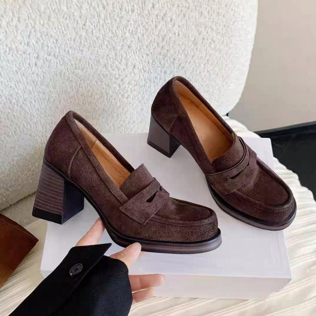 Super Soft Leather French Retro Round Head Thick Heel Loafers Women's British Style One-pedal Small Leather Shoes Women's High Heel Single Shoes