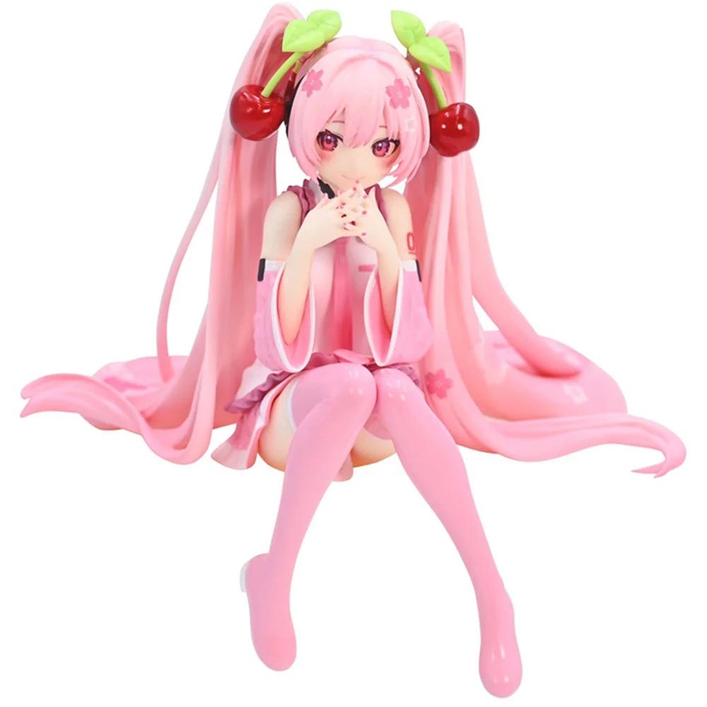 Hatsune Miku Anime Figure Pink Dress Sitting Posture PVC Model Action Toys Cherry Pink Cherry Blossom Decoration Collect Gifts