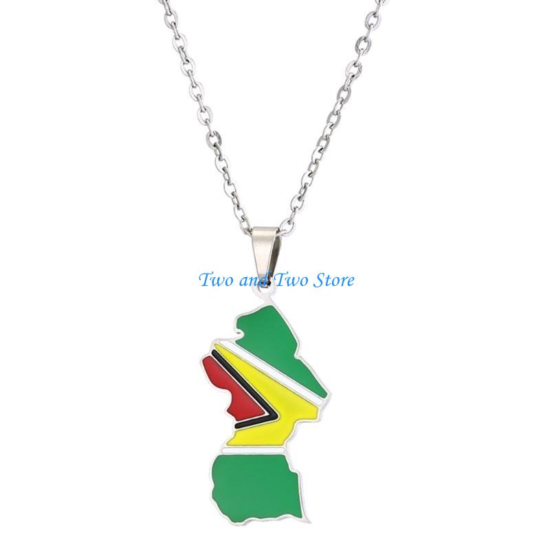 HX6F Vintage Guyana Map Pendant Necklace Country Outline Flag Charm Necklace