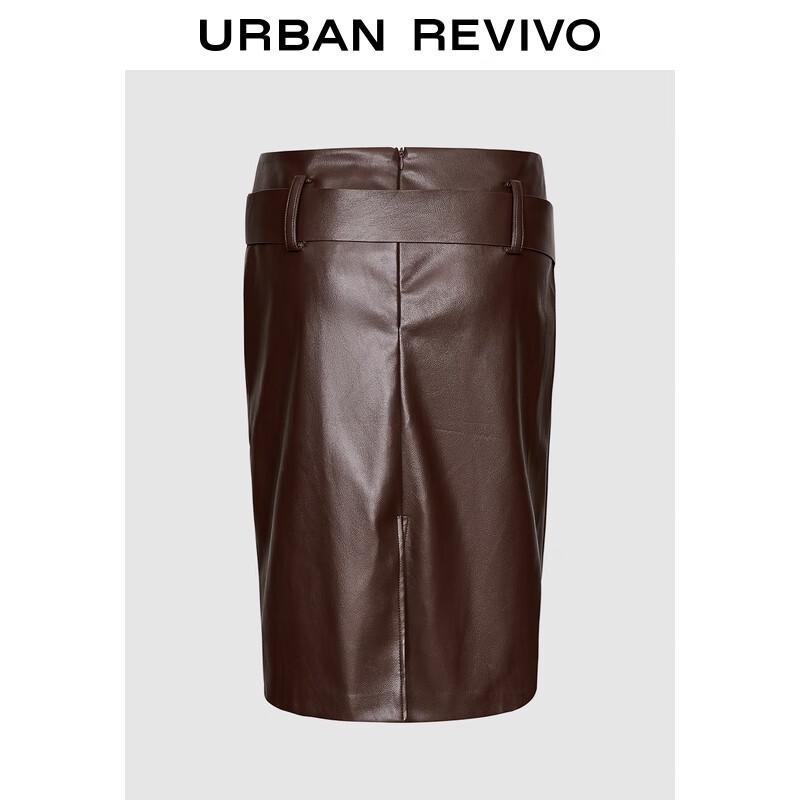 UR Women s Faux Leather High-Waist Belted Back-Slit Midi Skirt S