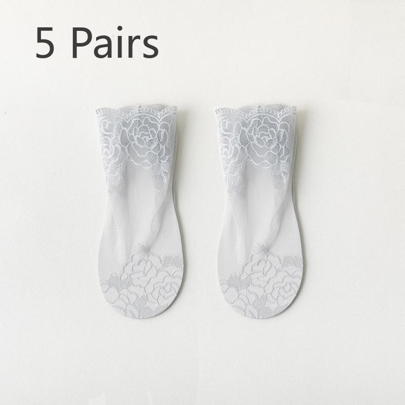 5 Pairs Summer Hollowed-out Lace Invisible Boat Socks with Women's Shallow Cut Non-slip Socks