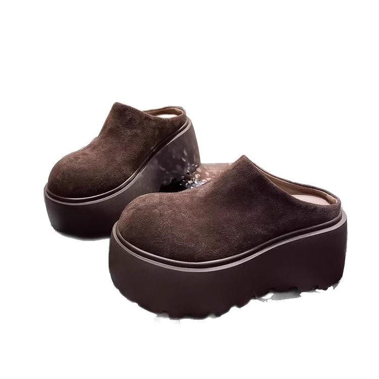 Frosted cowhide muffin thick-bottomed bag head half slippers women wear retro leather versatile small height-increasing wool slippers