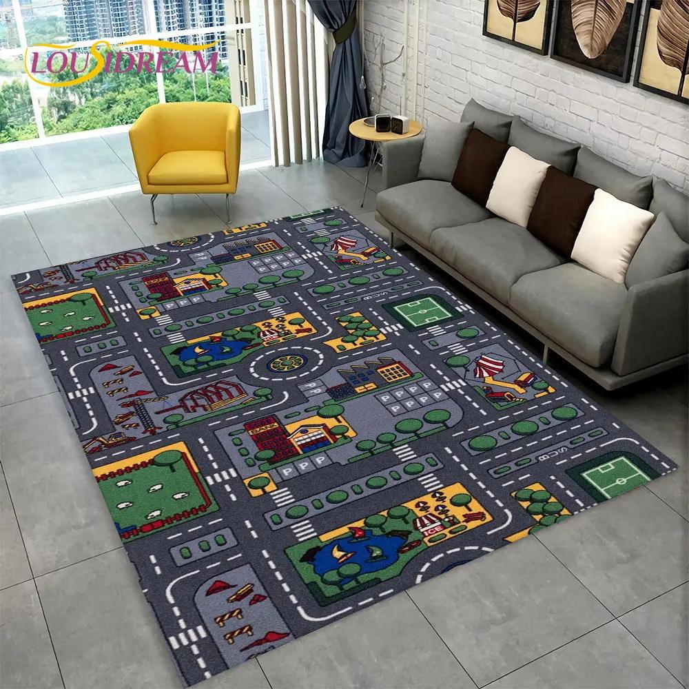 Highway City Traffic Cartoon Area Rug,Carpet Rug for Living Room Playroom Children's Bedroom Decor,Kid Game Non-slip Floor Mat