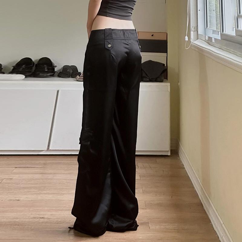 Pantalones acampanados de satén de tiro bajo casuales hipster de diseñador para mujer con múltiples bolsillos