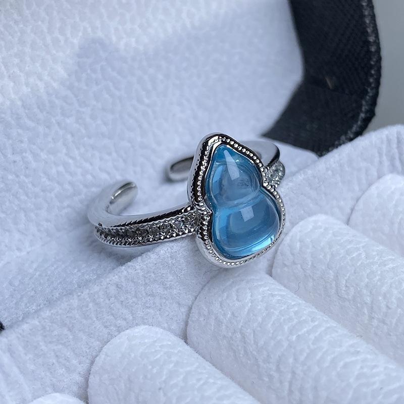 Sea Blue Gourd With Diamonds, Lace Open Ring, Niche Personality, Light Luxury, High-End Ring, Female.