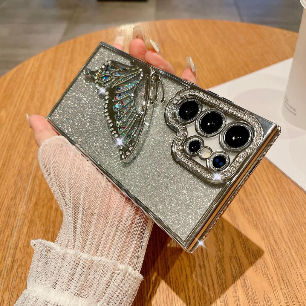 Suitable for Samsung S25ultra Mobile Phone Case Rhinestone Luxury Glitter S24 Butterfly Stand A55 Protective Case for Women A73