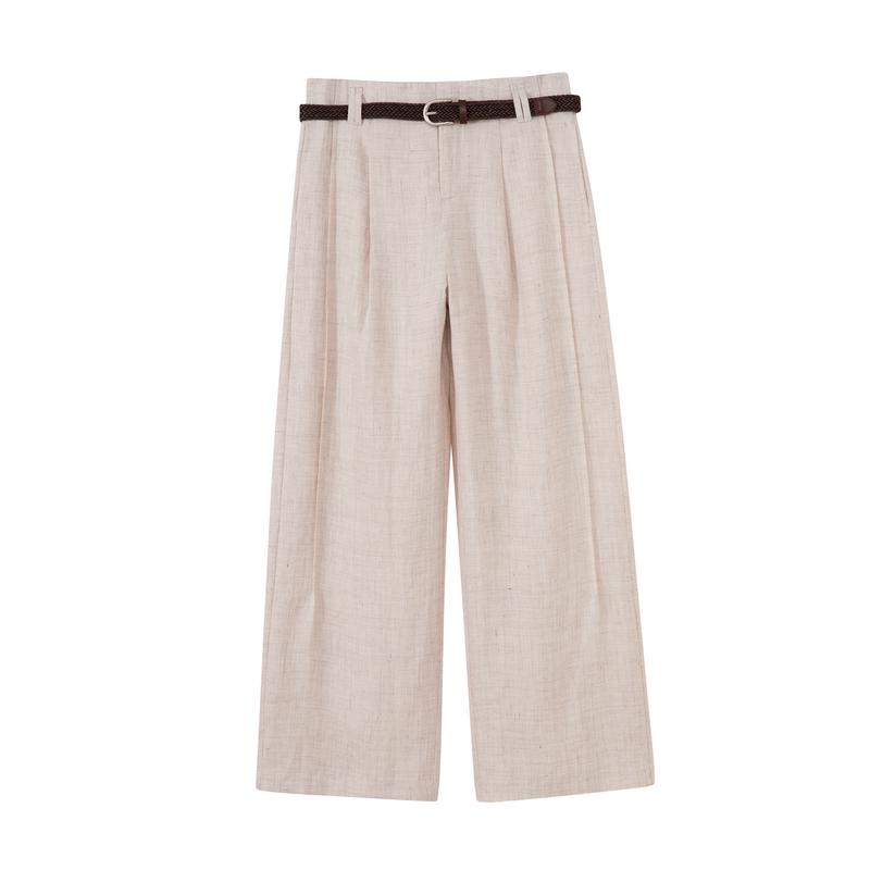 Spring 2026 Women s High-Waisted Linen Straight-Leg Trousers with Belt S