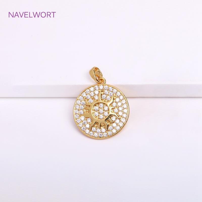18K Gold Plated Brass Charm,Round Sun Charm For Necklace Making Findings,Inlaid Zircon Sun Pendant,Jewelry Charm,DIY Accessories