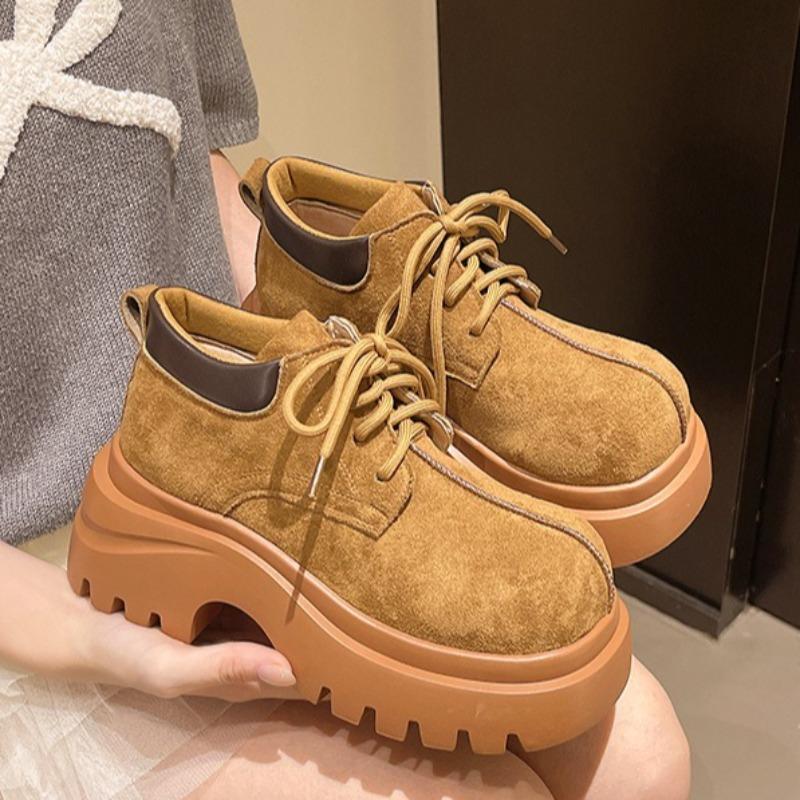 Fashion New Women Shoes Designer Large Head Platform Shoes Suede Casual Footwear Lace Up Platform Single Shoes British Style Short Boots