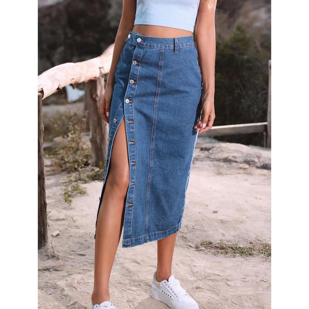 European & American Women's High-Waisted Buttoned Irregular Slit Midi Denim Skirt
