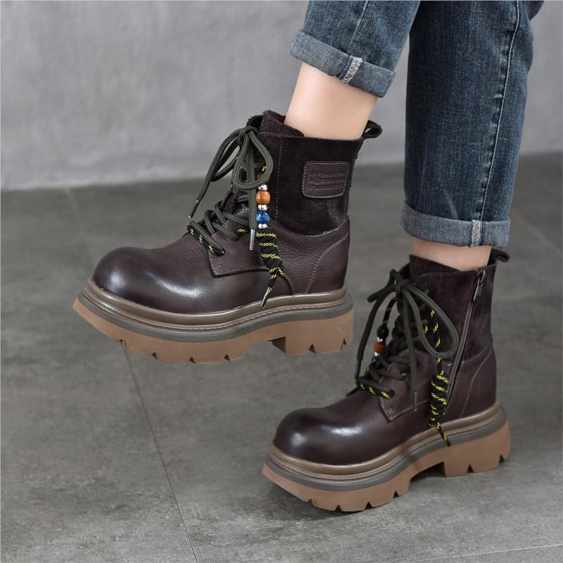 Johnature Thick Soled Cowhide Lace Up Short Boots Retro Side Zipper Genuine Leather Women's Boots