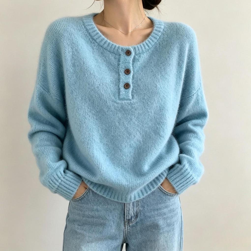 V-neck Solid Color Button Sweater for Women - 2026 Autumn/Winter Loose Knit Casual Pullover.