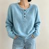 V-neck Solid Color Button Sweater for Women - 2026 Autumn/Winter Loose Knit Casual Pullover.