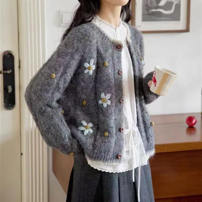 Embroidered Knitted Cardigan Women's Clothing Autumn and Winter New Gentle Wind Loose Handmade Crochet Sweater Jacket Women