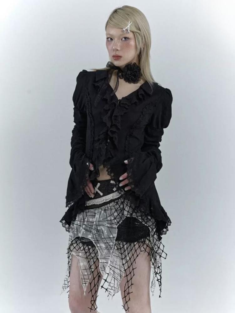 Lolita Vintage Gothic Lace Shirts Women Y2k Dark Aesthetic Irregular Blouses Yamamoto Style Grunge Flare Sleeve Shirt