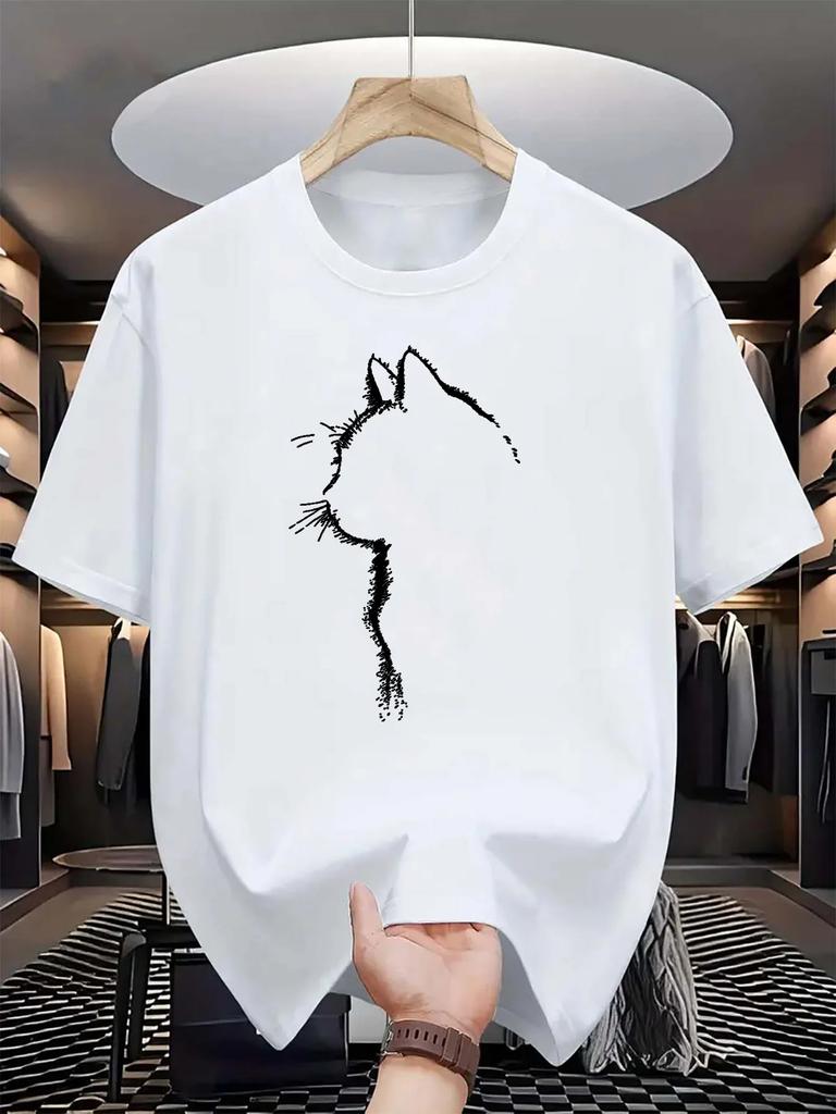 2026 Men Cute Pet Side Profile Printed Cotton TShirt Street Style Trendy Cat Face Loose Fit Short Sleeve Comfortable Casual Top
