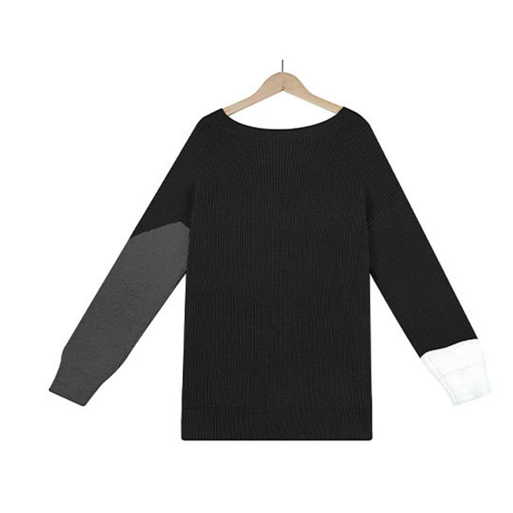 Women's  And Winter Knitting Fashion Color Block Patchwork Pullover Long Sleeve Sweater