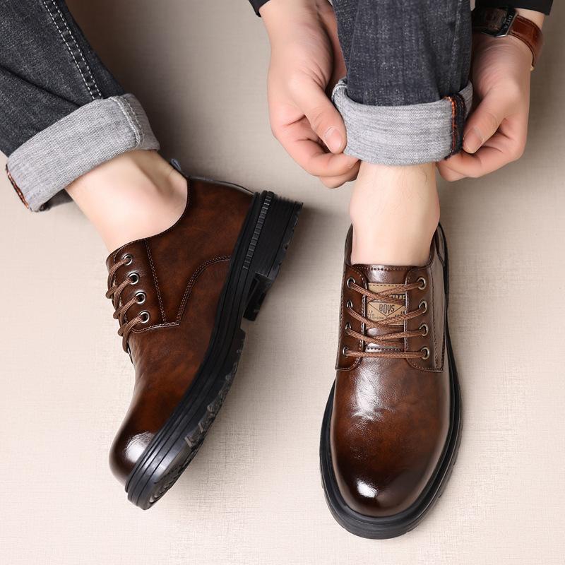 Leather shoes men's lace up workwear men's shoes thick soled versatile height increasing shoes casual men's shoes