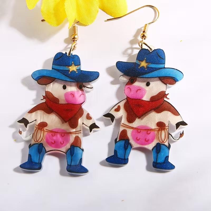New Western Cowboy Hat Cow Earrings Flat Acrylic Creative Cartoon Animal Cute Calf Earrings
