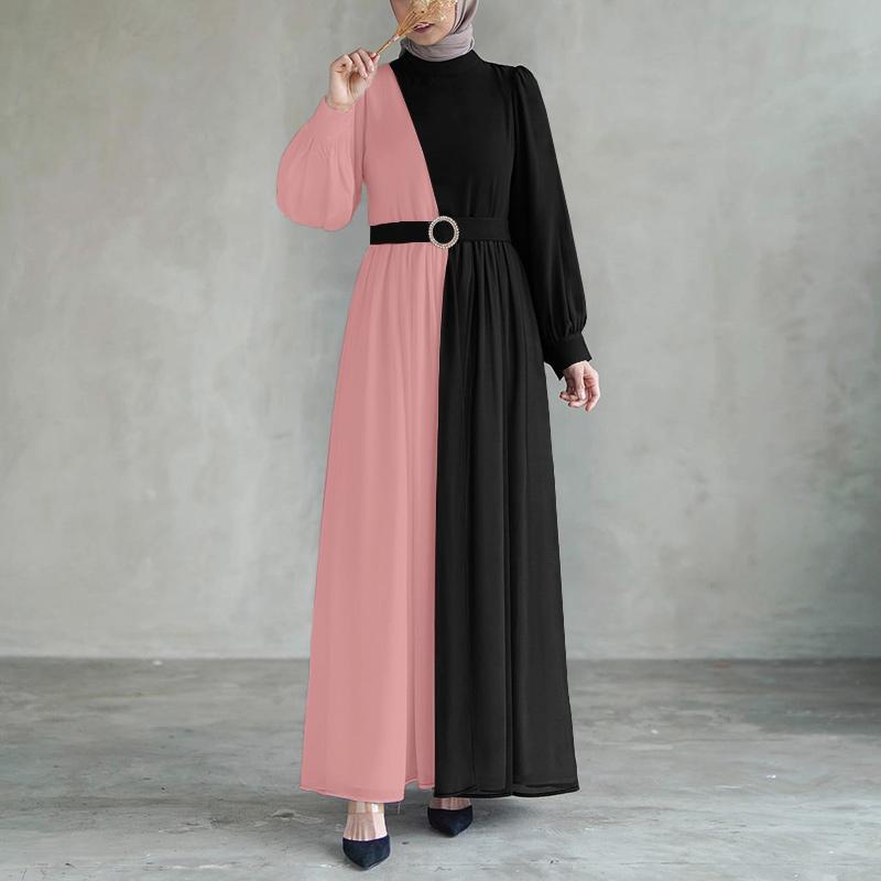 ZANZEA Damen Casual Rundhals Langarm Lose Patchwork Langes Kleid