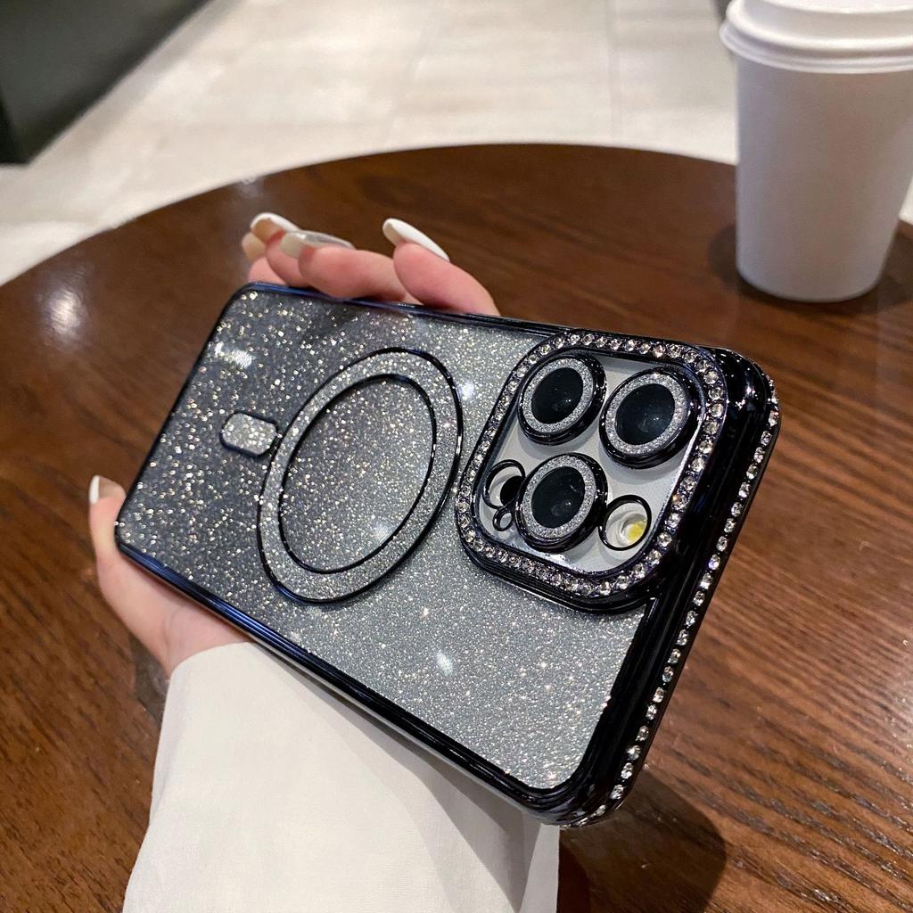 Applicable To IPhone16promax Rhinestone Flash Powder Magnetic Suction Phone Case 16E Apple 15 Full-package Anti-fall Protection Case