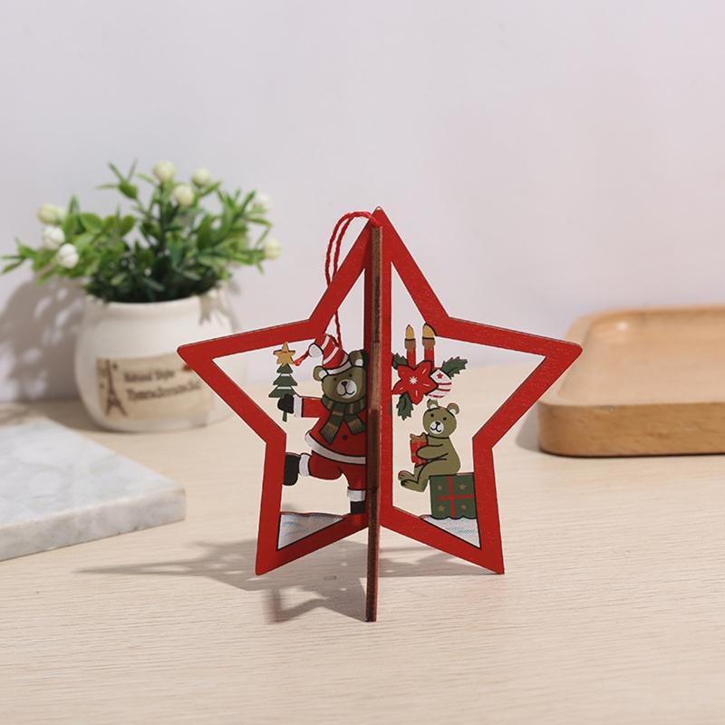 Cute Wooden Christmas Ornaments Star Xmas Tree Bell Xmas Tree Hanging Embellishments Crafts DIY Holiday Hanging Decor