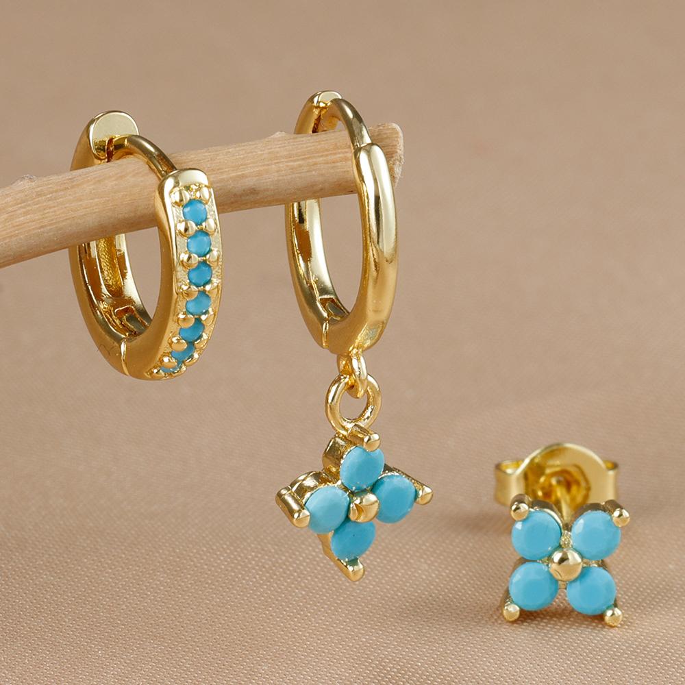 3PCS Fashion Gold Color Crystal Zirconia Drop Earrings Set for Women Stainless Steel Flower Dangle Earring Korean Jewelry aretes